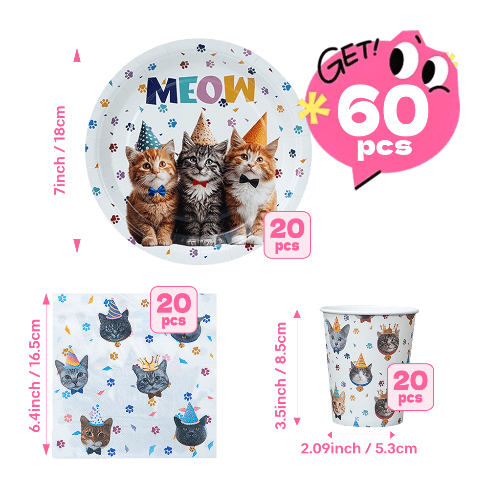 TEMU 60pcs Party Cute Cat Tableware Set (20pcs 7-inch Plates And 20pcs Napkins And 20pcs Paper Cups), Party Hat Bow Tie With Colorful Paw Print