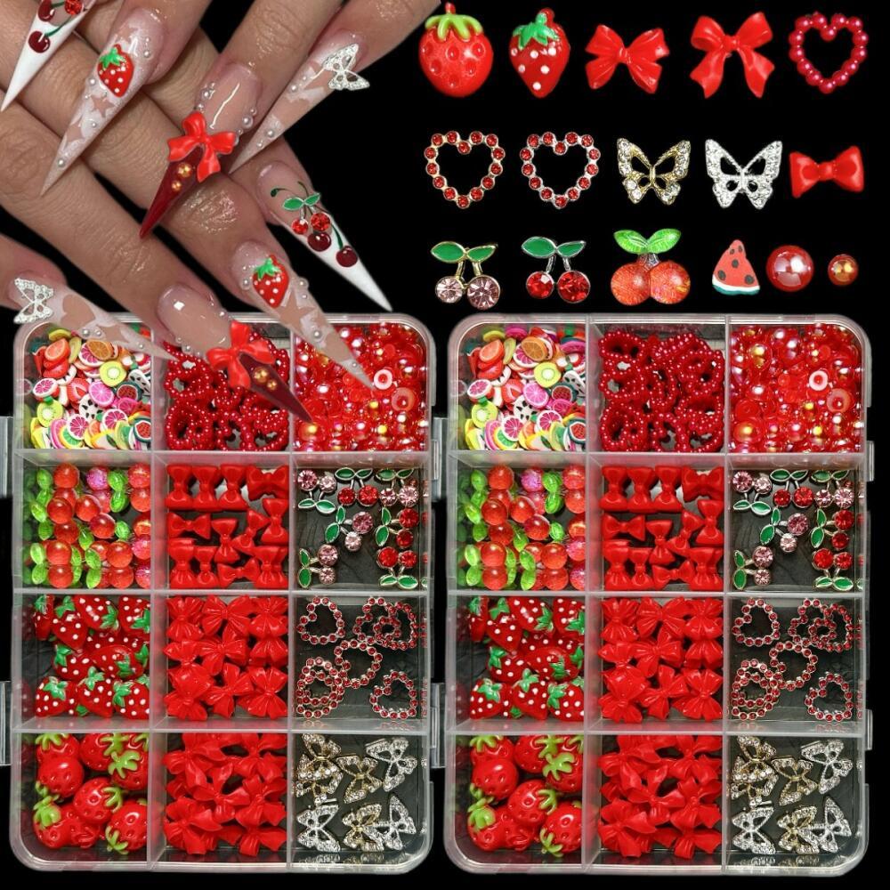 

1 Set Red Theme Nail Art Charms Kit, Resin Alloy Cherry And Strawberry Decorations, Diy Craft Nail Art Accessories, Adhesive, Assorted Manicure Jewels For Nail Design