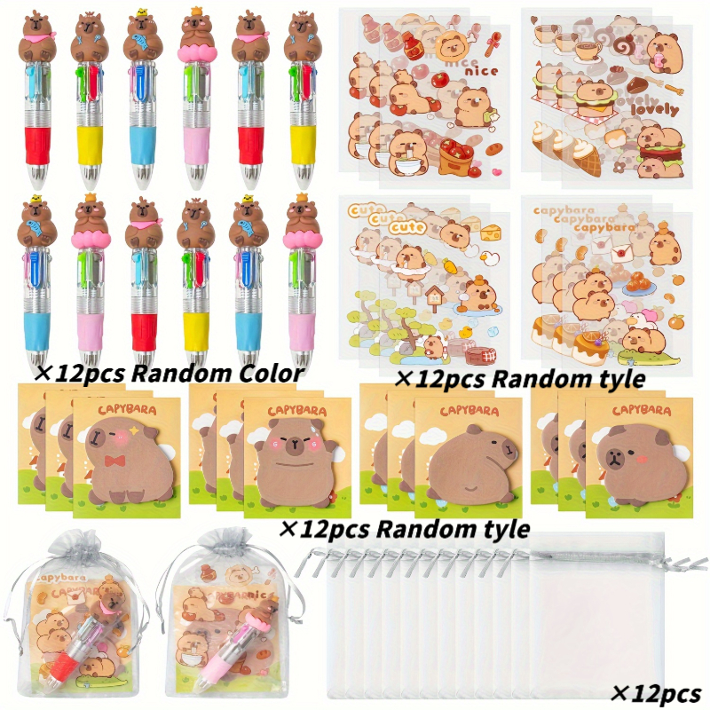 TEMU Gift For Her/him 12-set Capybara Stationery Party Gift (includes 12pcs Pens, 12pcs Stickers, 12pcs Sticky Notes, 12pcs Pouches) - (random Style)