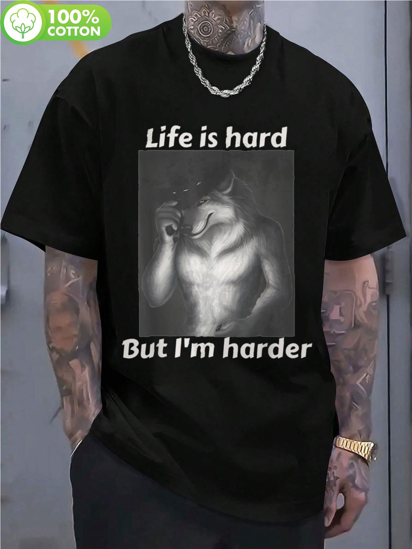 Men s   Meme T-Shirt - 100% Cotton 180gsm Heavyweight   Is Hard But I m Harder Graphic Tee with Sublimation Printing & Double-   , Gym & Outdoor Casual Shirt for Men, Black with White Wolf Design