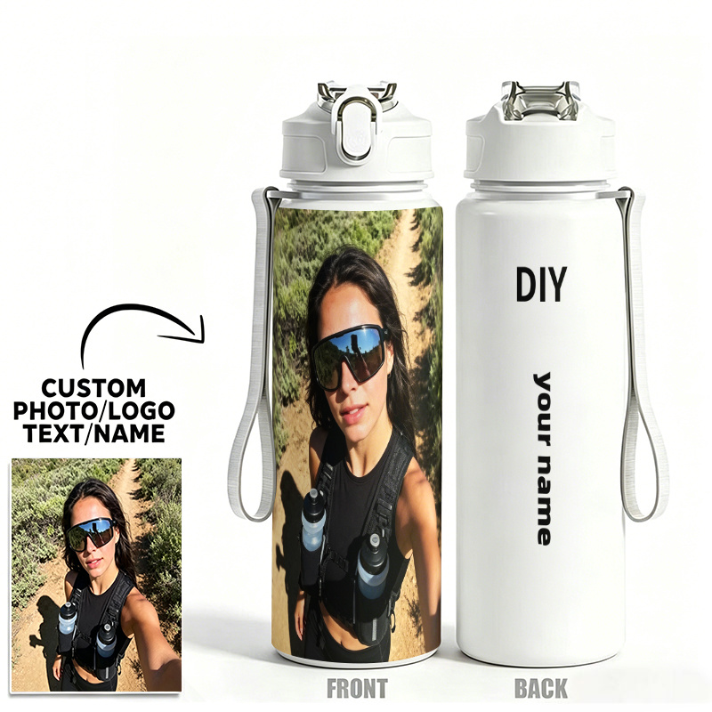 TEMU Bouteille d'eau personnalisée DIY avec photo, image et de nom, 1pc, 750ml, 25oz, étanche, gourde de sport avec fond blanc uni et "DIY" et "Votre