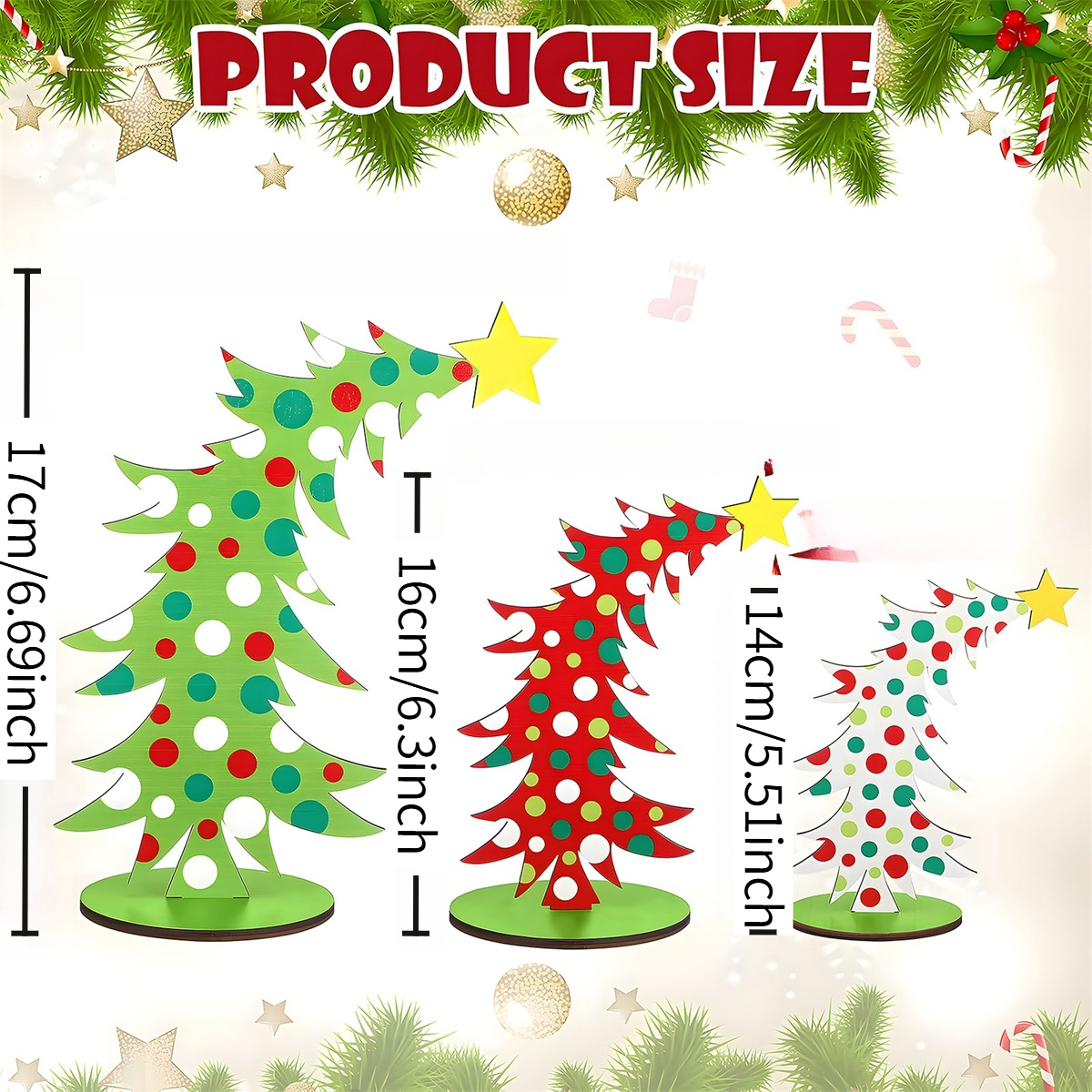 TEMU Arbres de Noël cassés 2D plats, 3 pièces, tailles assorties, ornements en bois, couleurs de base rouge, vert, blanc avec imprimés rouge et blanc