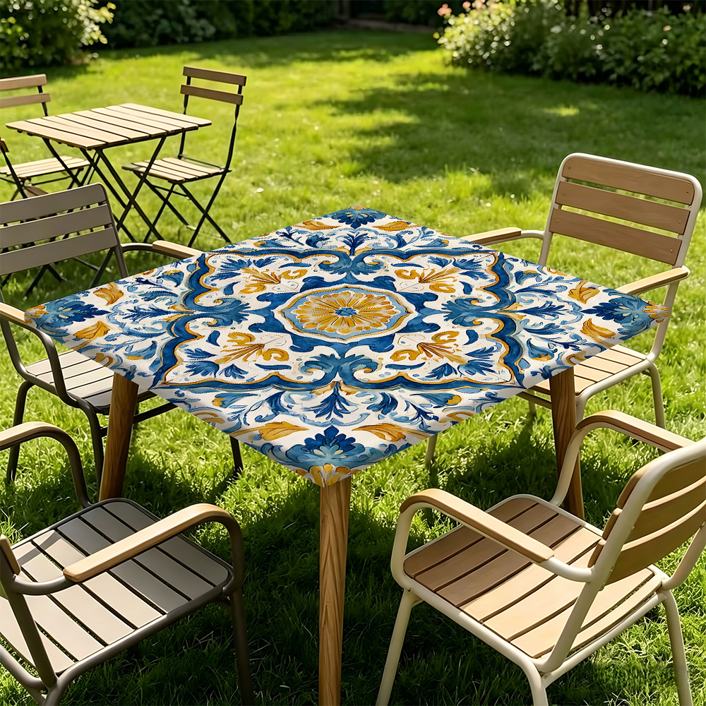TEMU 2d Flat, 1pc, New Elastic Tablecloth, Retro Style Decorative Tablecloth, Blue Yellow Floral Pattern, Elastic Full Coverage Fit, Removable And