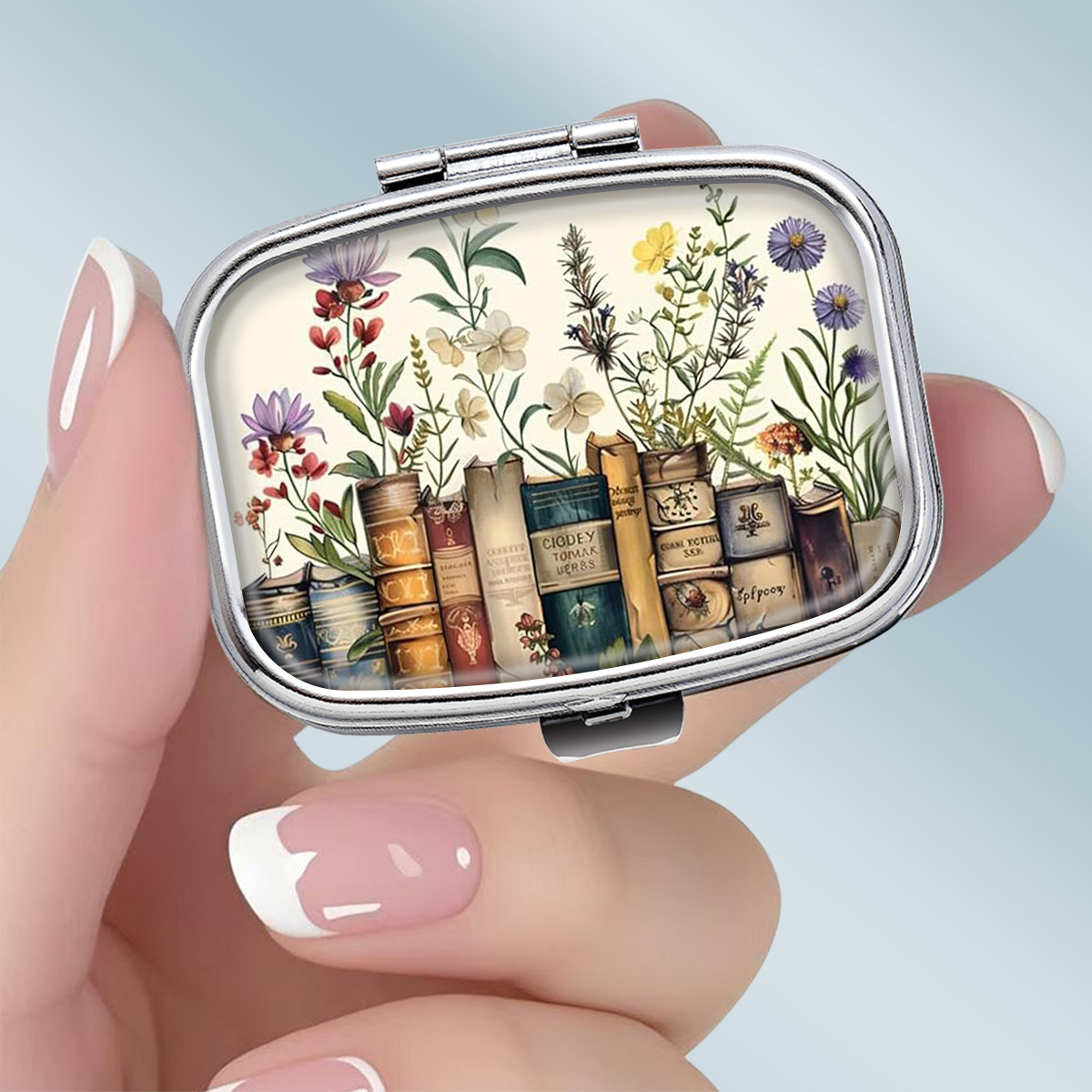 TEMU Two-compartment Pill Box Featuring A Vintage Of 'books And Flowers' - A Portable Storage Case For Medicines And Vitamins, Ideal For Carrying Or