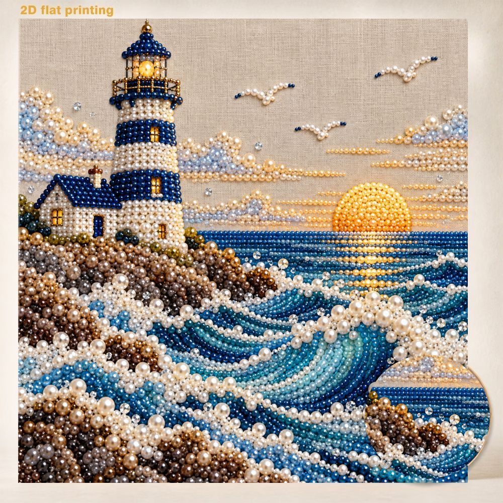 TEMU Diy Pearl Art Painting Kit: Lighthouse Handmade Art Decorative Painting For Adults, Stress-relief Craft Material Set With Shiny Gemstone