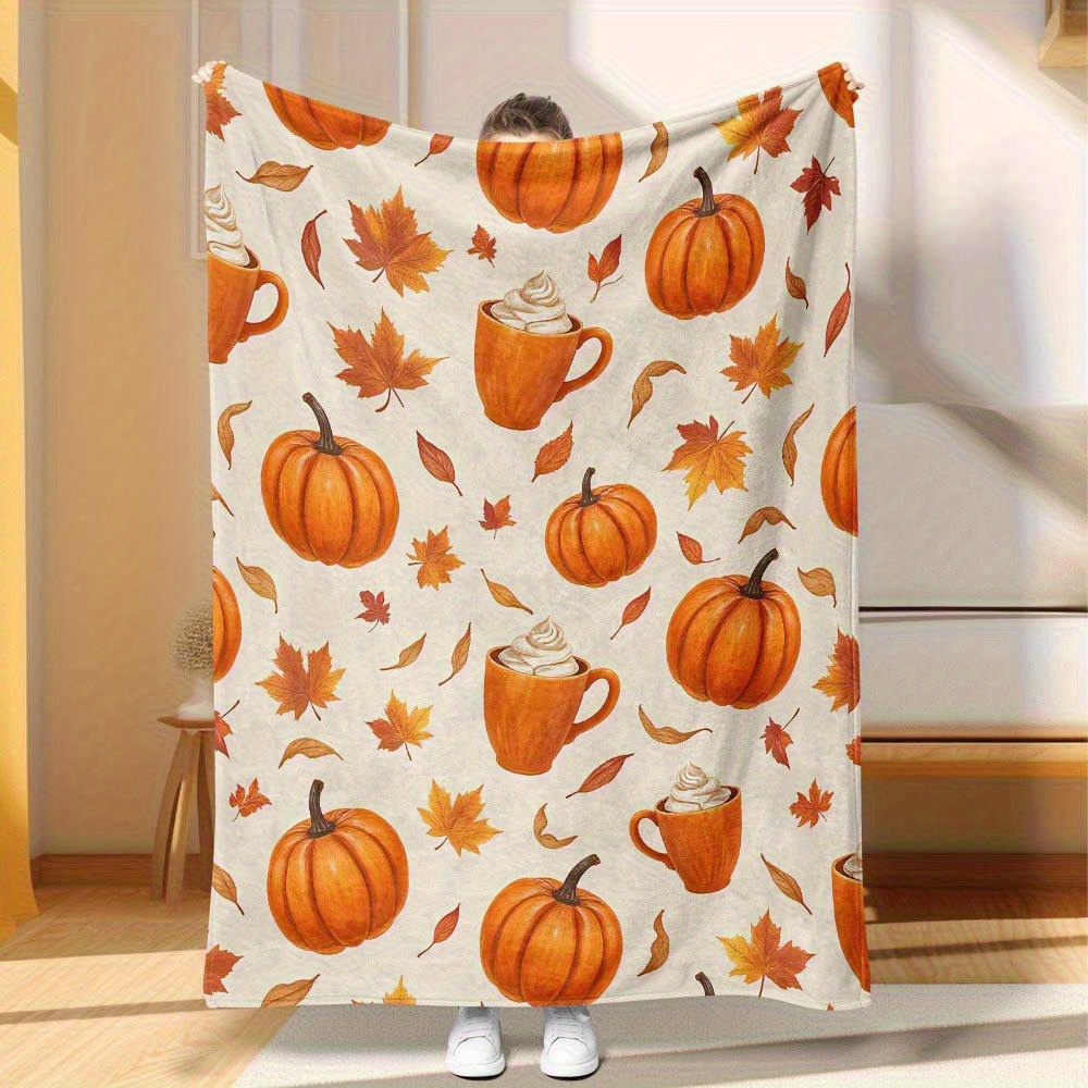 TEMU Pumpkin Spice Blanket - Lightweight Flannel Throw With Pumpkin And Autumn Leaf Patterns - Soft Beige, Brown, Orange-white Tones - Decor For