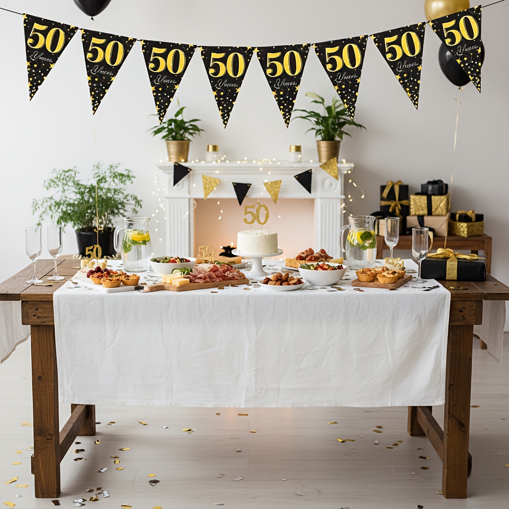 Image of 24-pack Black And Golden Banner Flags For A 50th Birthday Celebration | Paper Triangle Flags For Commemorating Of Turning 50, Suitable For Anniversary Party Decorations And
