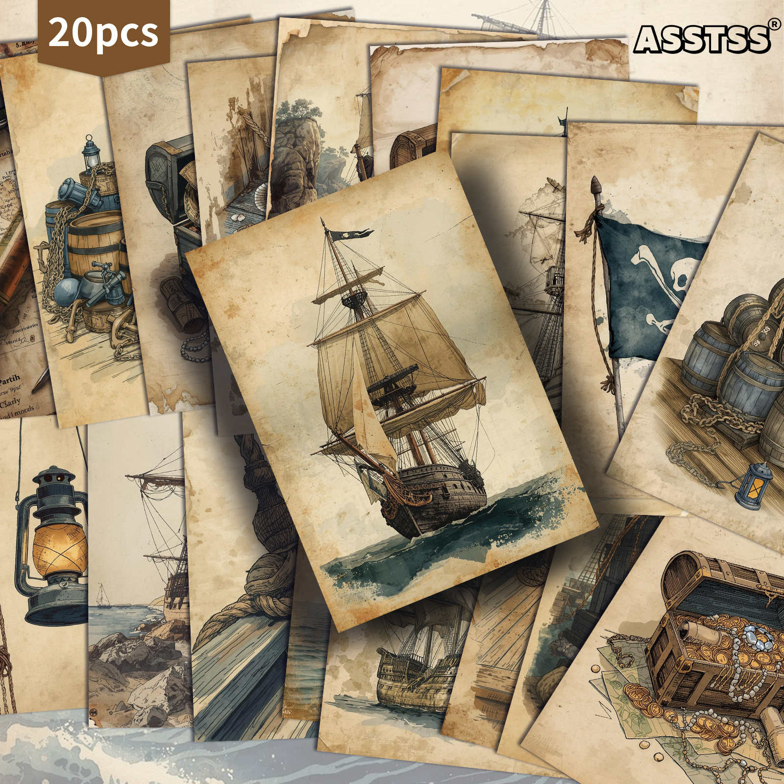 TEMU 20-pack Asstss Vintage Nautical Pirate Theme Postcards - 4x6 Inches Junk Journal Supplies Paper, Scrapbooking Supplies, Collectible Decorative