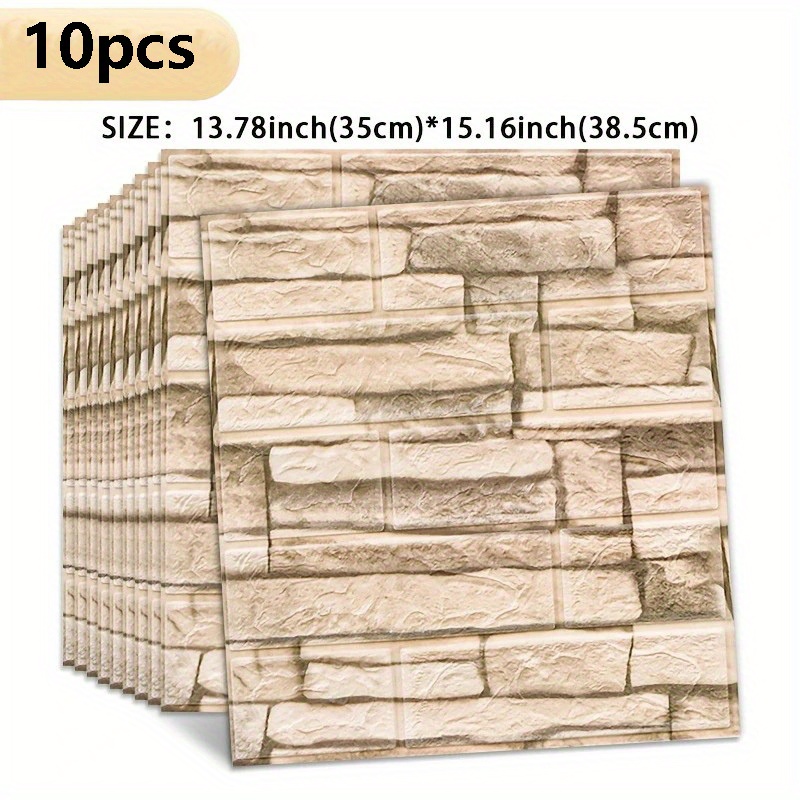 TEMU 10psc 3d Brick Wall Stickers - Waterproof Self-adhesive Wall Stickers With Realistic Brick, Grain Designs, In Multiple Colors, Easy To Clean And