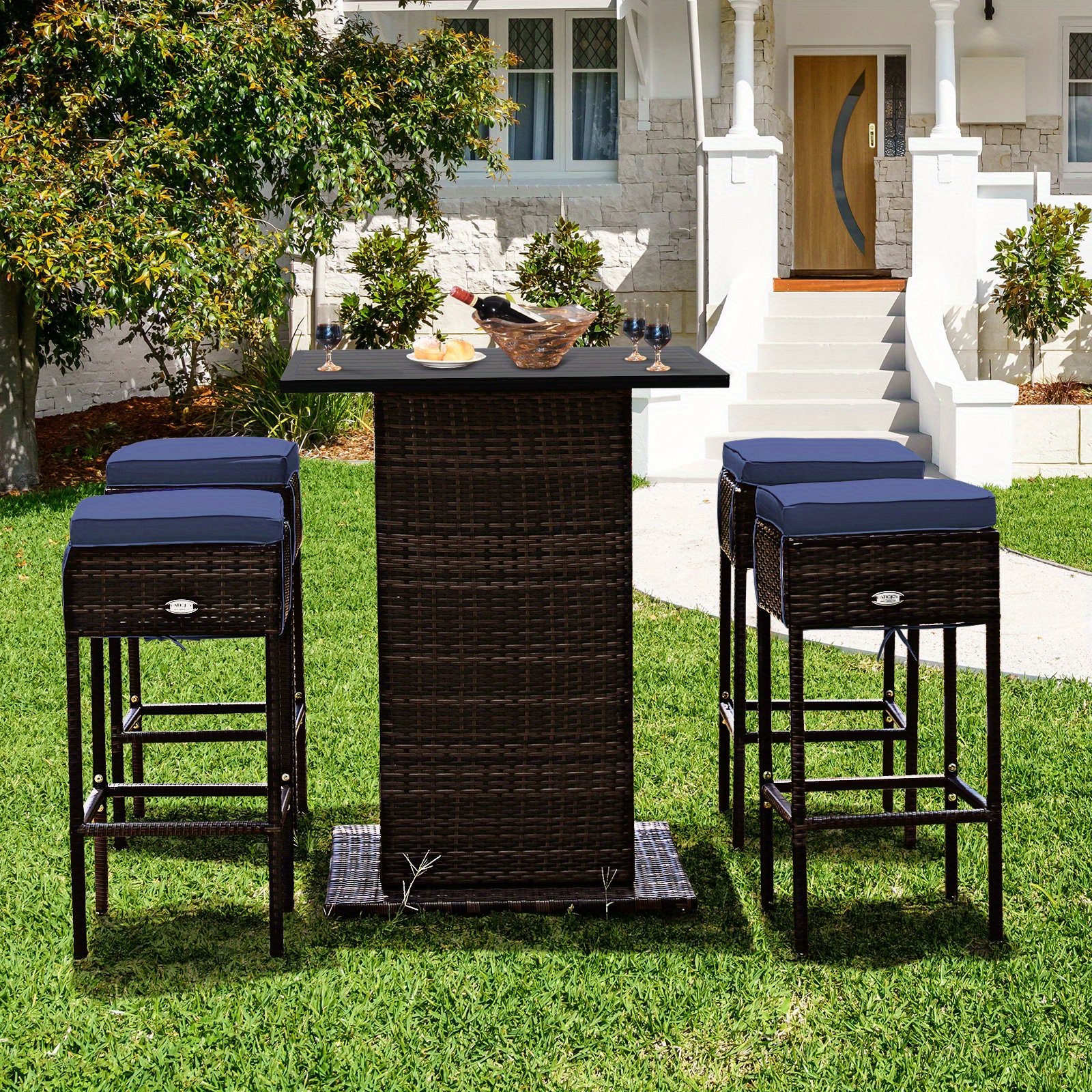 LIFEZEAL 5pcs Outdoor Patio Rattan Bar Table and 4 Stools with Hidden Storage Shelf, Cushion Chairs - -Weather PE Rattan & Frame, Red/Black/Navy/Beige Wicker Furniture for Poolside,, Backyard (Complete Set)