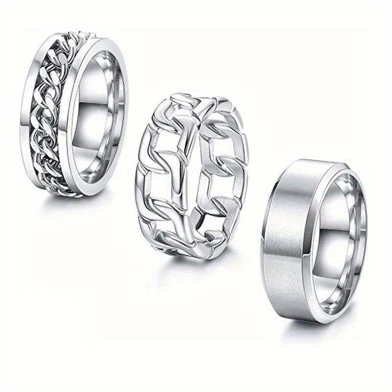 TEMU Mens Rings 3pcs Silvery Rings For Men Women 201 Stainless Steel Plain Band Ring Cuban Link Chain Rings Spinner Ring Men's Promise Wedding Rings