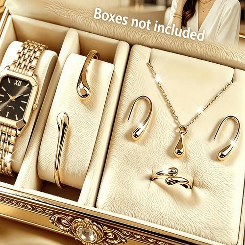 item picture 5pcs set womens simple and elegant golden jewelry set including a teardrop shaped necklace earrings bracelet and ring made of polished metal an elegant set suitable for daily wear and gifting does not a watch or box