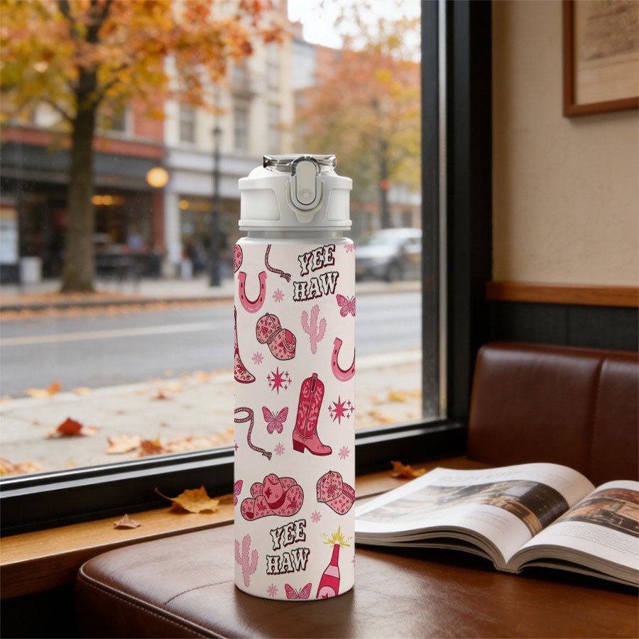 TEMU Bouteille d'eau réutilisable de 25 oz/750 ml avec design d'impression 2D complet, couvercle à paille à ouverture rapide sur le thème Yeehaw avec