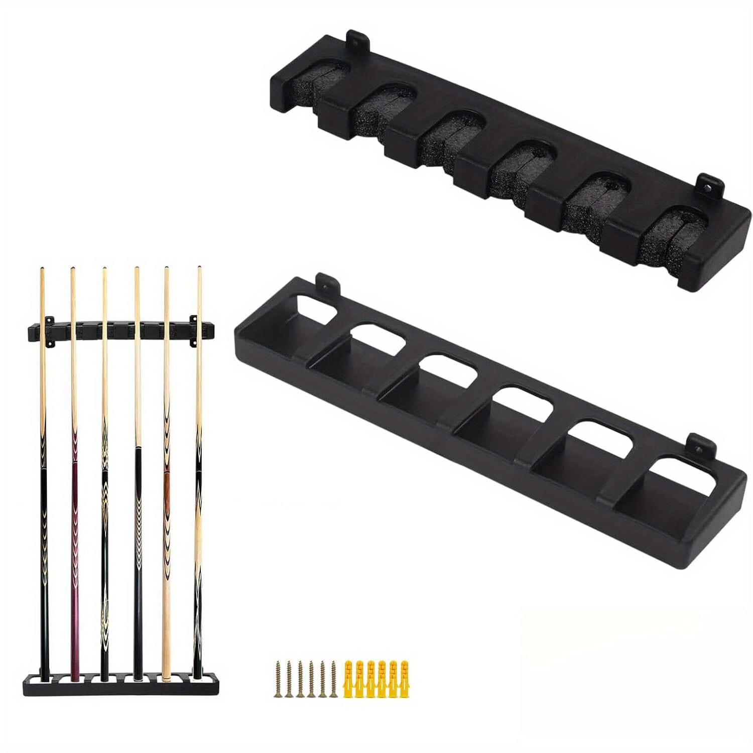 TEMU 1set Pool Cue Rack Wall Mounted Hanging 6 Cues Stick Holder Stand Snooker Organizer