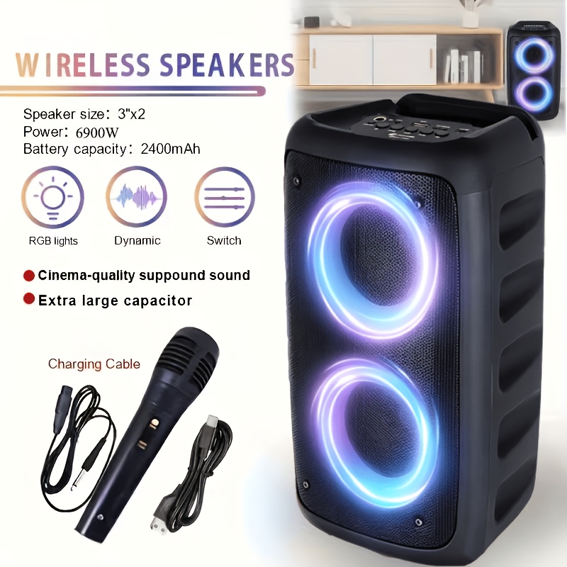 Portable Bluetooth Party Box Speaker 6900w High Power Dual Subwoofer, Rgb Karaoke Machine With Wired Mic, Bluetooth 5.3 2400mah 12h Tws For Home Outdoor Party Camping