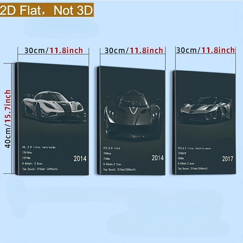 TEMU 2d Flat, 3pcs 2d Flat Canvas Decorative Art, Style Supercar Poster Set, High-performance Racing Car Wall Art, High-quality Paper Print For Home