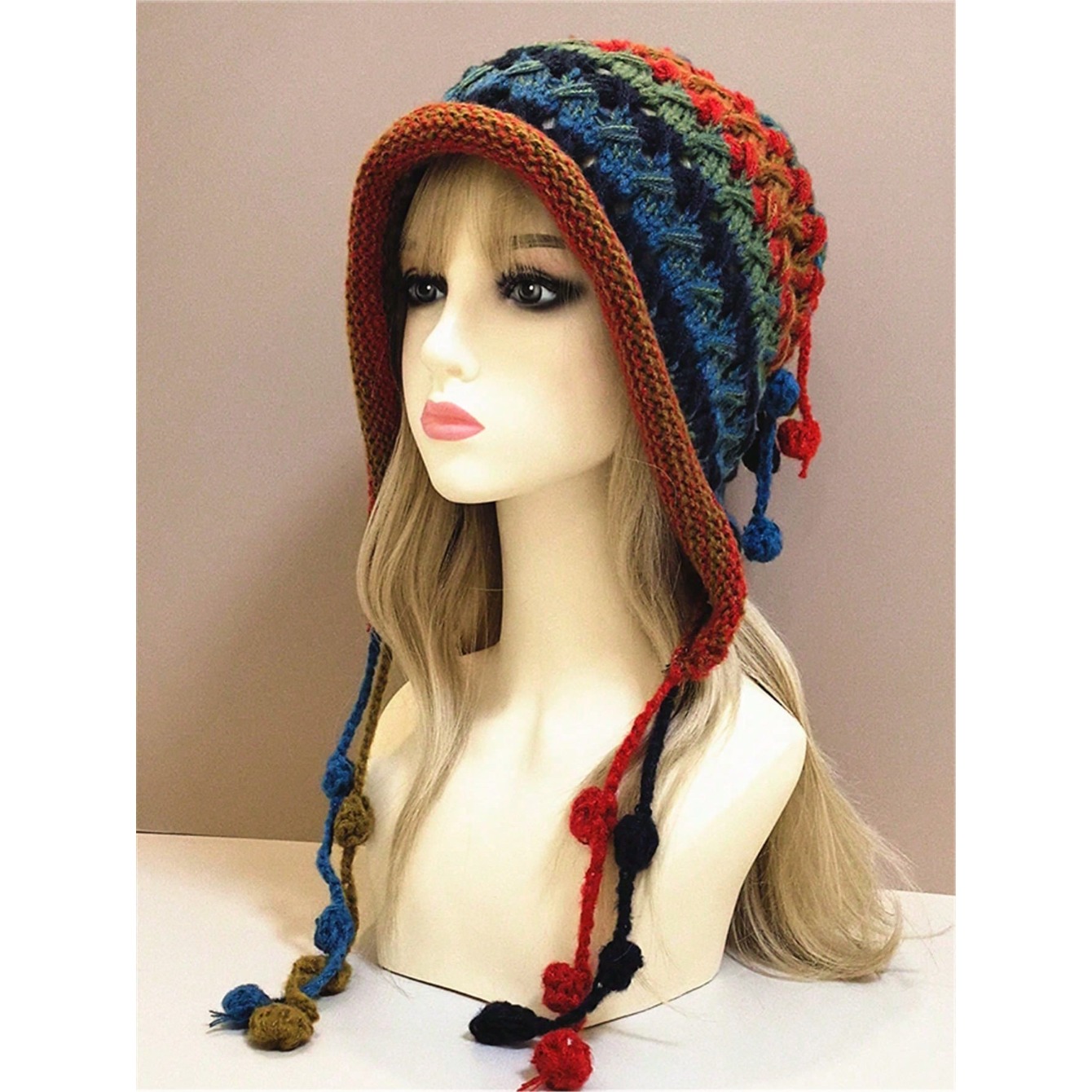 TEMU A Stylish Winter Beanie For Women, Featuring A Vibrant With Colorful Pom Poms And A Tassel Tie. This Warm Earflap Hat Boasts A Braided Pattern