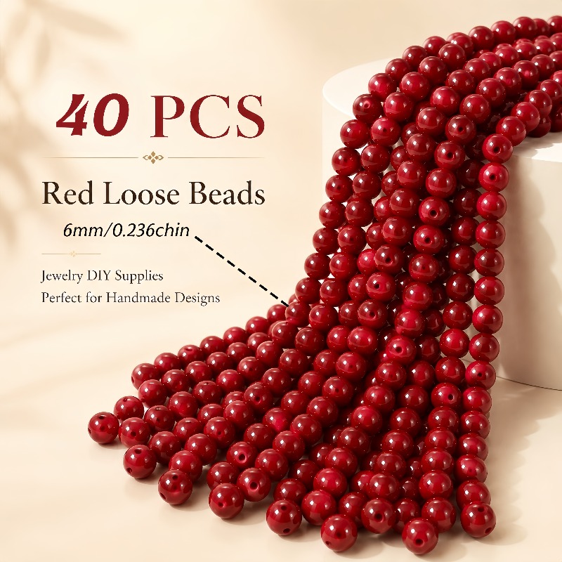TEMU 40pcs Dark Red Glass Hole Beads, 6mm Standard Round Loose Beads, Suitable For Bracelets Necklaces, Earring Decorations, Handmade Additions And