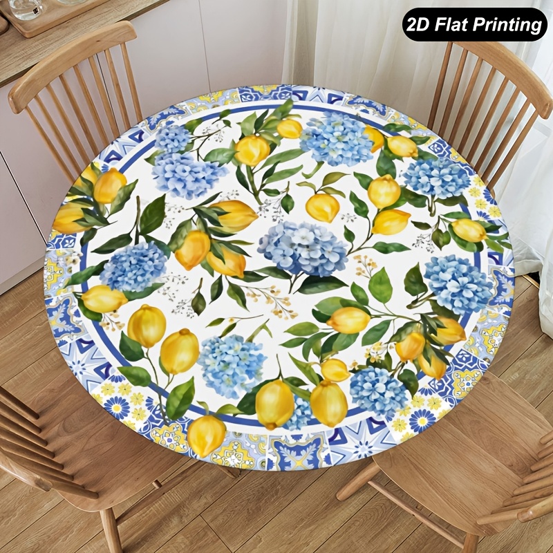 TEMU 1pc Summer Outdoor Tablecloth, Elastic Drawstring , Lemon Floral Pattern Round Tablecloth, 2d , Elastic Table Cover, Easy To Clean, Suitable For