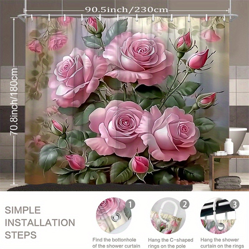 TEMU 1pc Pink Roses Bouquet Shower Curtain - Petals Still , Modern Printed Polyester Fabric With Hooks, Machine Washable & Air Dry, Elegant Bathroom