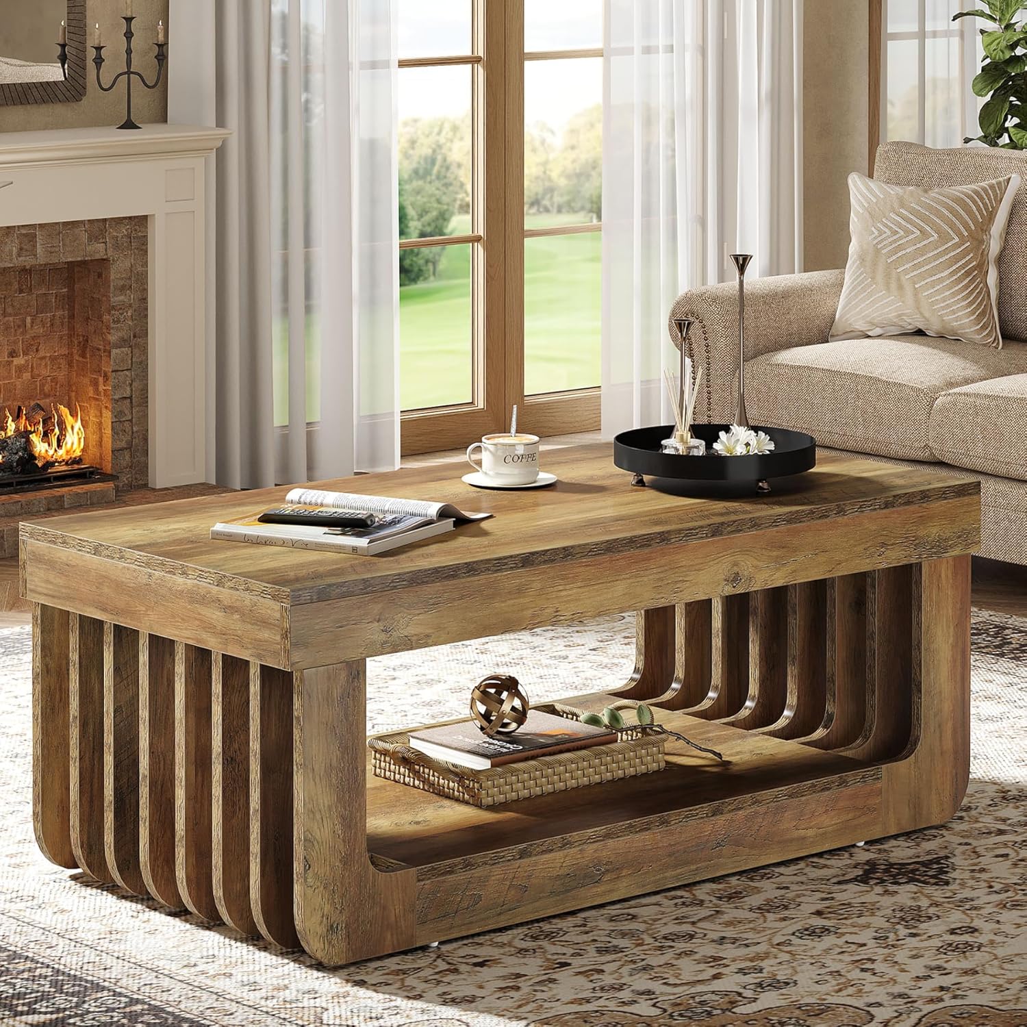 Coffee Tables For Living Room, 47-inch Width, 2-tier Rectangular Wooden Center Table With Storage Shelf, Large Cocktail Table, Farmhouse Style, Sturdy Contruction, Rustic Brown