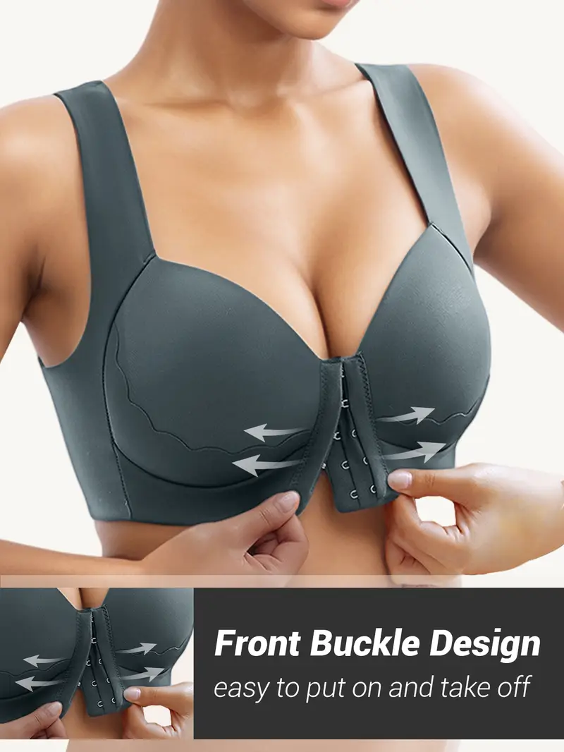 womens solid color front closure bra with shell pattern trim integrated wide shoulder straps non removable pads wire free 5 colors from meeting multi environment wear Product details 15