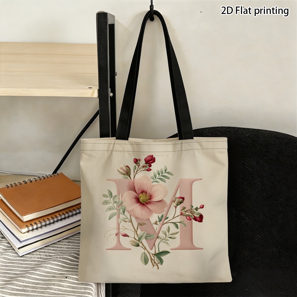 1pc Floral Letter M Pattern Printed Tote Bag - Fashionable Reusable Grocery Bags with Comfortable Shoulder Straps, Perfect for Travel, Beach, Daily Commute And Grocery Shopping, Durable Polyester Material