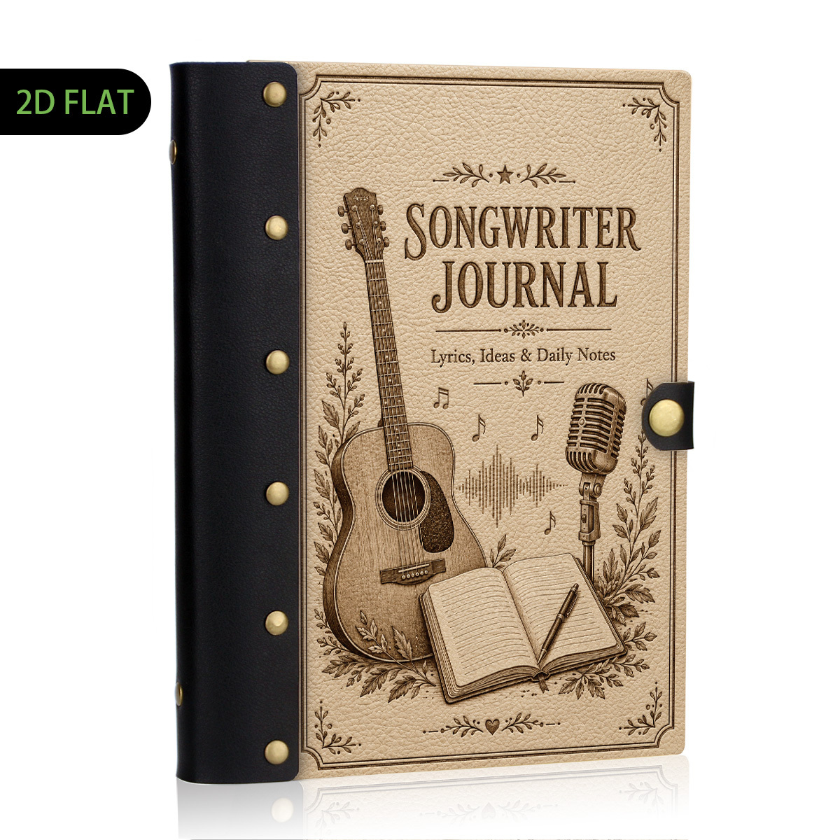 TEMU 1pc Soft Leather Guitar Wooden Leather Binder Notebook, Refillable Loose Leaf, 2d Flat Hard Shell, Metal Rivets, High Quality Eye-friendly ,