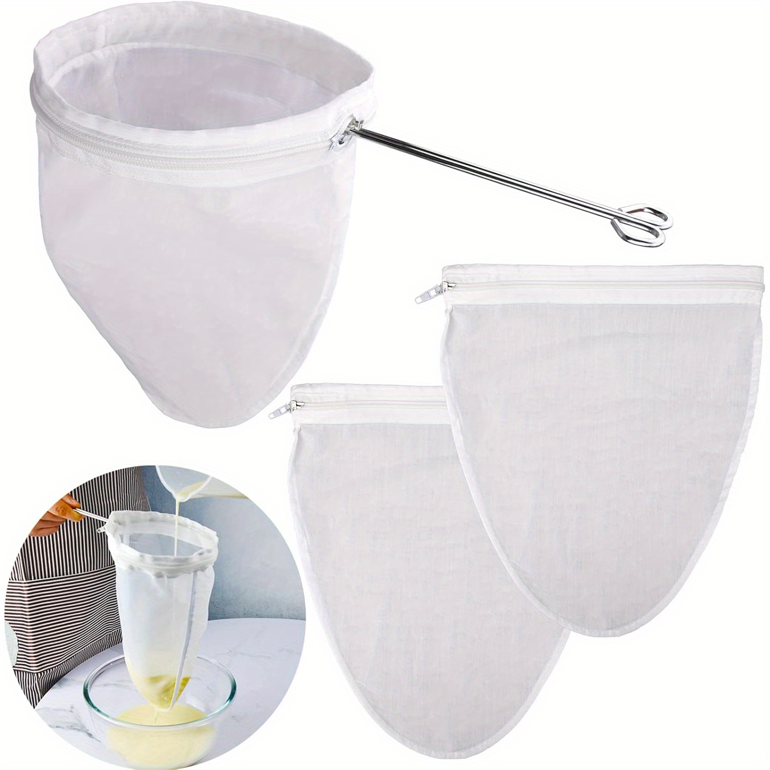 TEMU 4pcs Ultra Fine Mesh Strainer Bags, Reusable Filter Bags With Stainless Steel Handle Frame For Filter , Coffee, Milk, Butter, Juices And Fresh Cheese