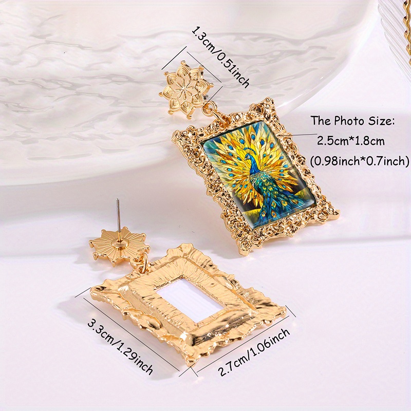 Women's Peacock Feathers Picture Rectangle Glass Cabochon Dangle Earrings