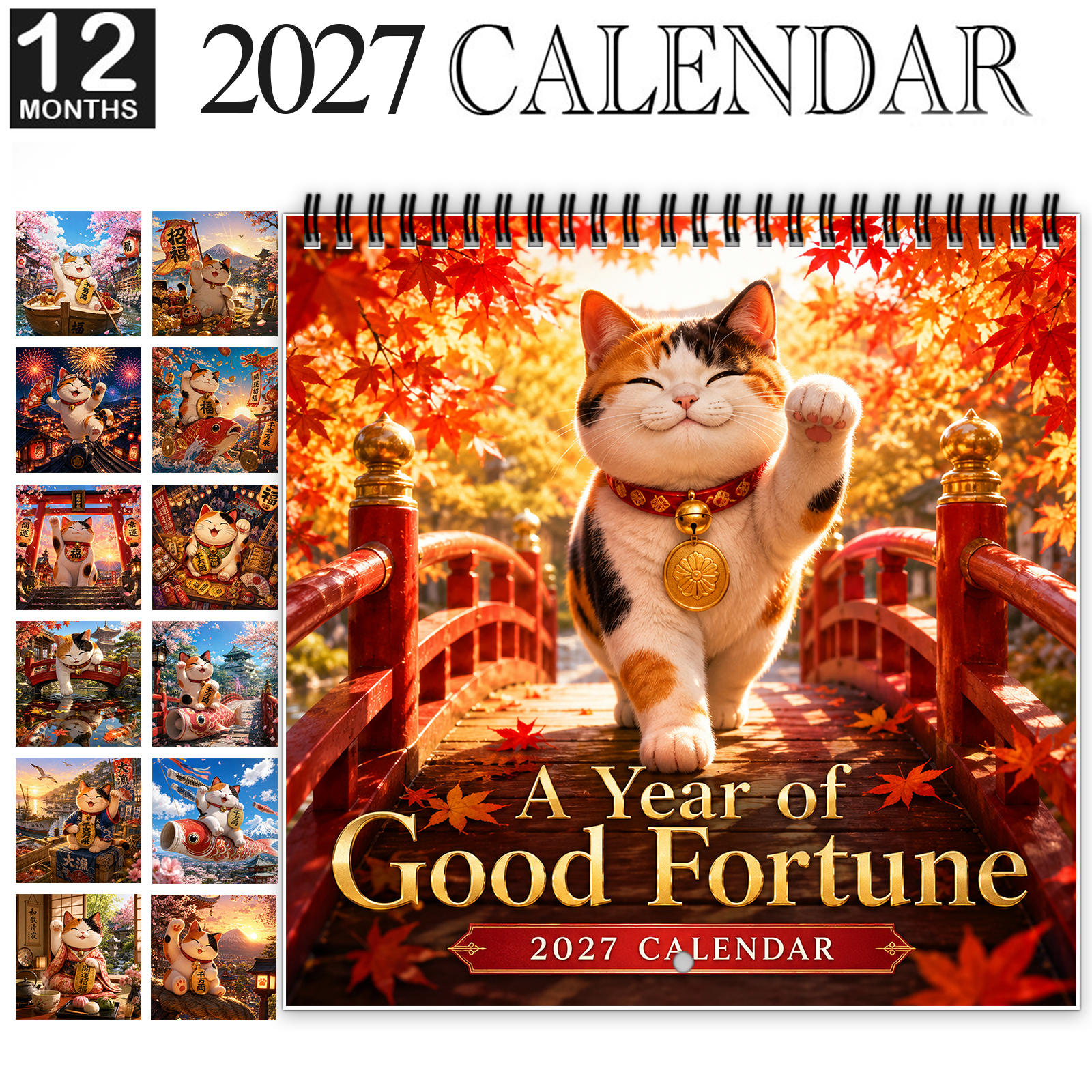 TEMU 1pc 2027 Cat Wall Calendar, Spiral-bound 12-month Calendar With Large Date Blocks, Features Cute Maneki Neko Artworks Bringing Fortune, And Good