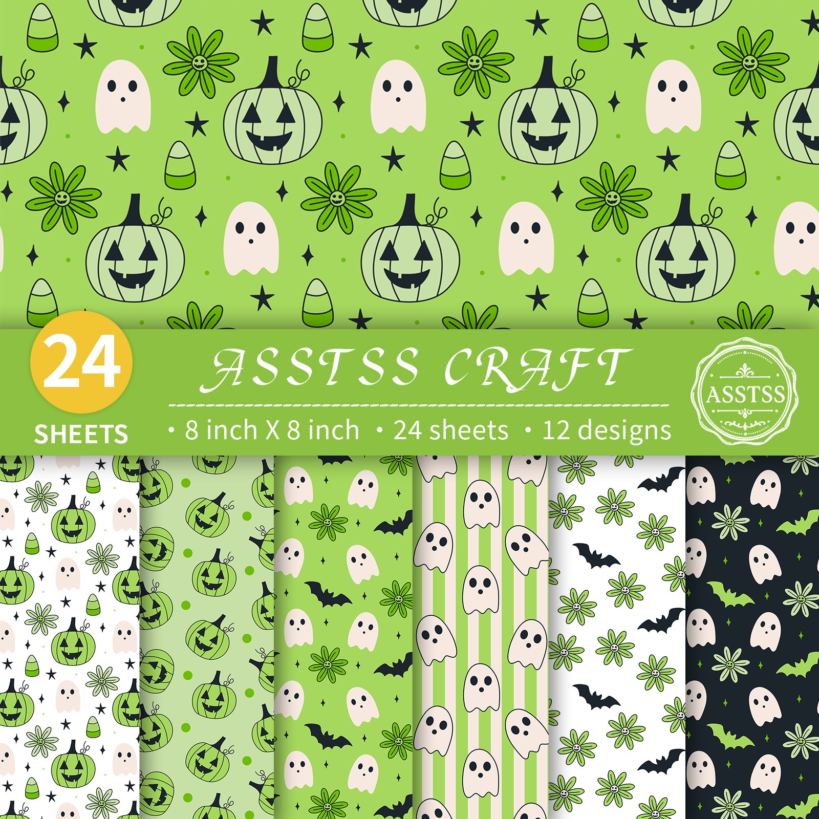 TEMU 24-sheet Asstss 8x8 Inch Scrapbooking Paper Pad, Halloween Green Pumpkin Bat Daisy Style Backing Paper Supplies, Heavyweight Cardstock For