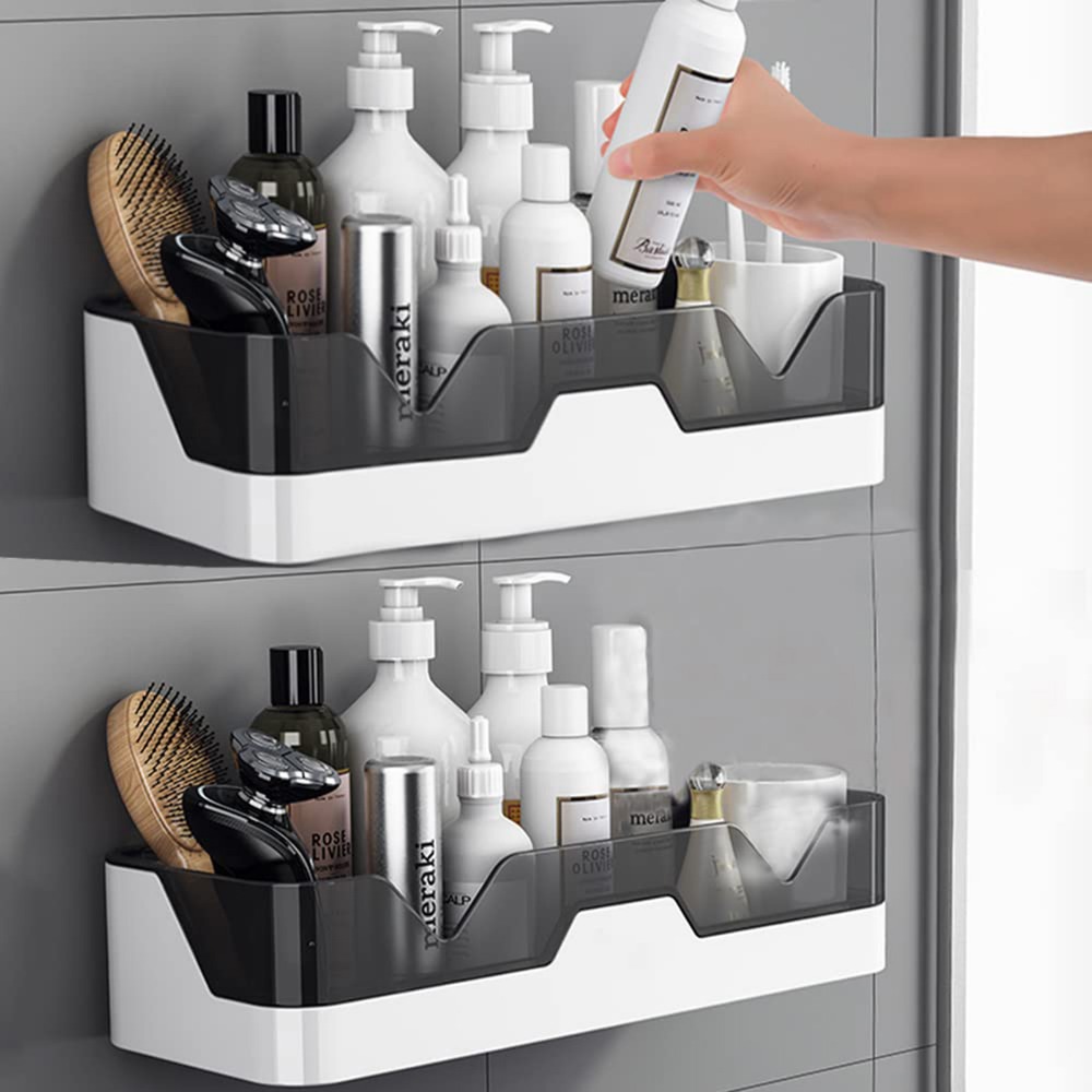 Image of 2pcs Starry Gray Wall Mounted Bathroom Organizer, No Drilling Adhesive Shower Caddy Shelves For Kitchen, Bathroom, Washroom Toiletries Storage Basket For Shampoo, Soap, Cosmetics