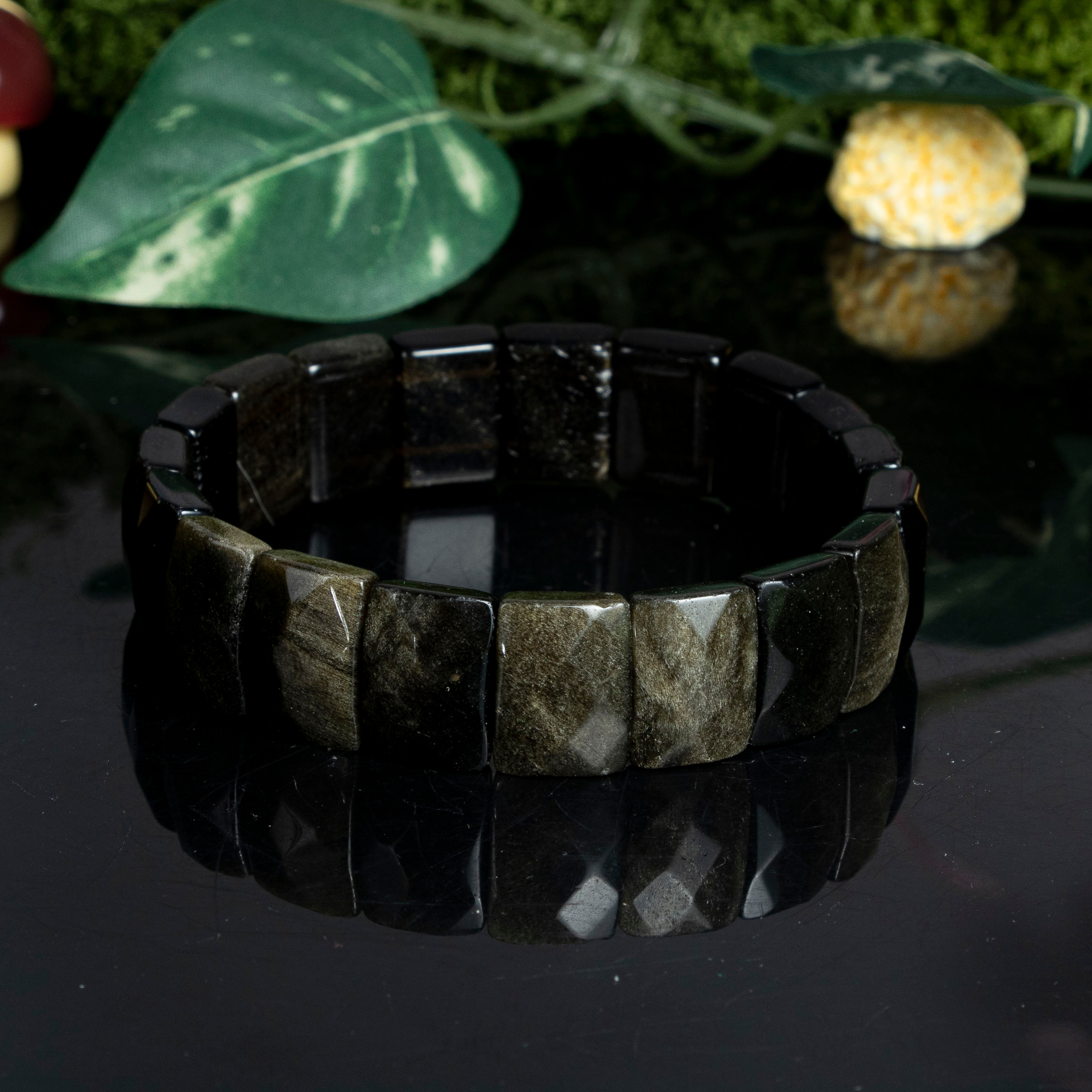Natural Golden Obsidian Wide Bangle Bracelet, Handmade Bohemian Style