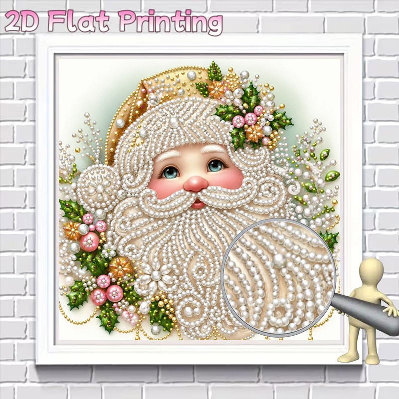 TEMU Whimsical Christmas Santa Claus Face 2d Flat Beaded Diamond Painting Accessory, Acrylic Sparkling Ornament With Holly & Floral Decor, Handmade
