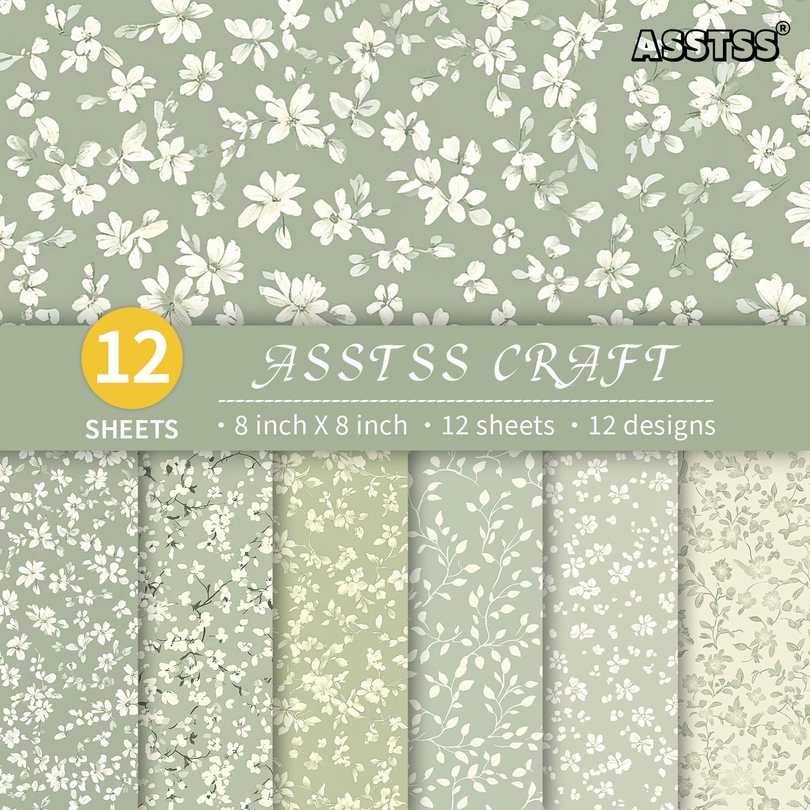 TEMU 12-sheet Asstss Heavyweight Scrapbooking Paper Pad - Light Green Pastoral Floral Cardstock Suitable For Journaling, Collage Art, Crafts With