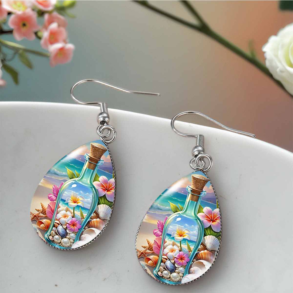 Seaside Drift Bottle Waterdrop Earrings, Tropical Dangle