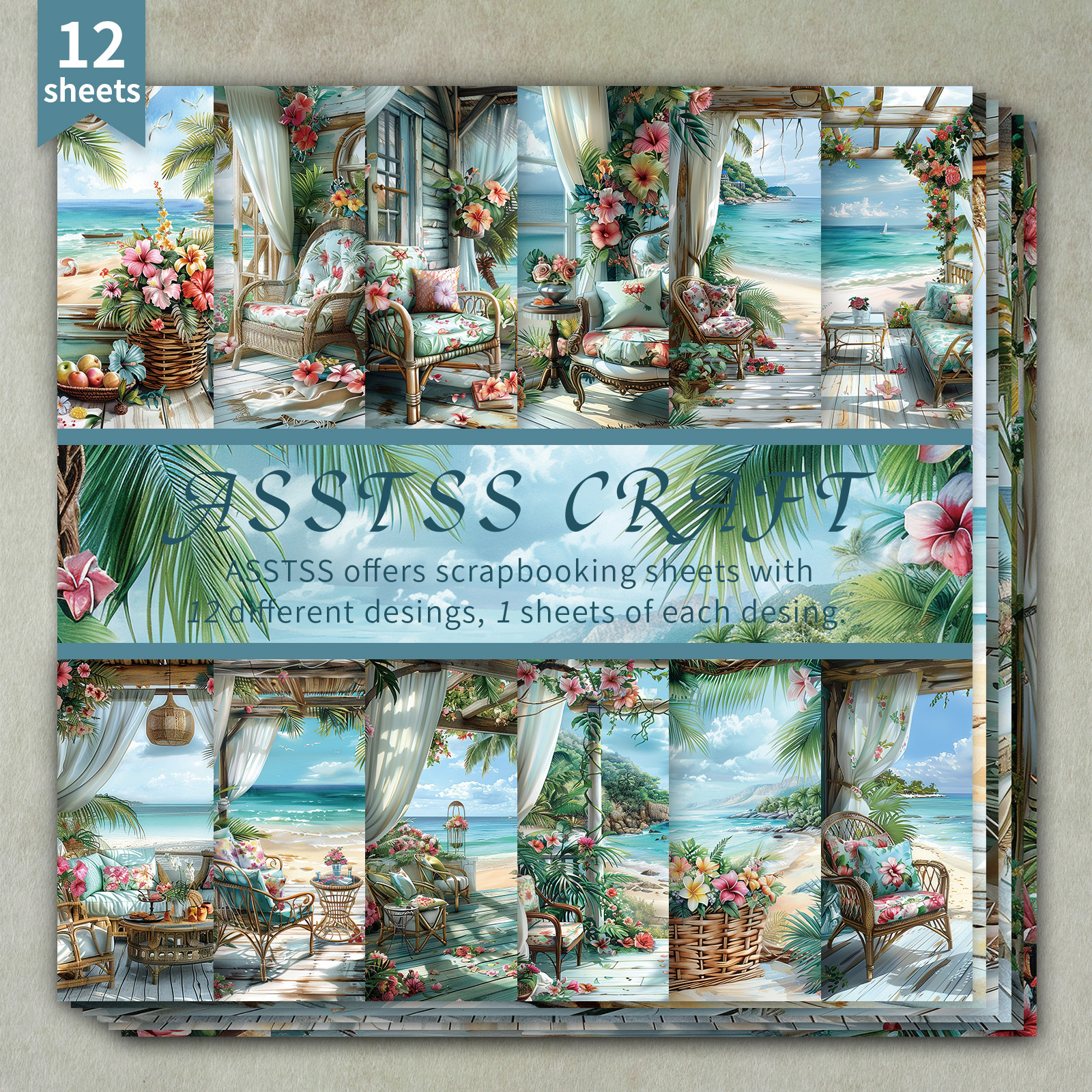 TEMU 12-Blatt ASSTSS 6*6 Zoll Scrapbooking-Papierblock, Sommer tropisches Küstenresort Aquarell-Stil Rückseitenpapier-Zubehör, schwerer Karton für