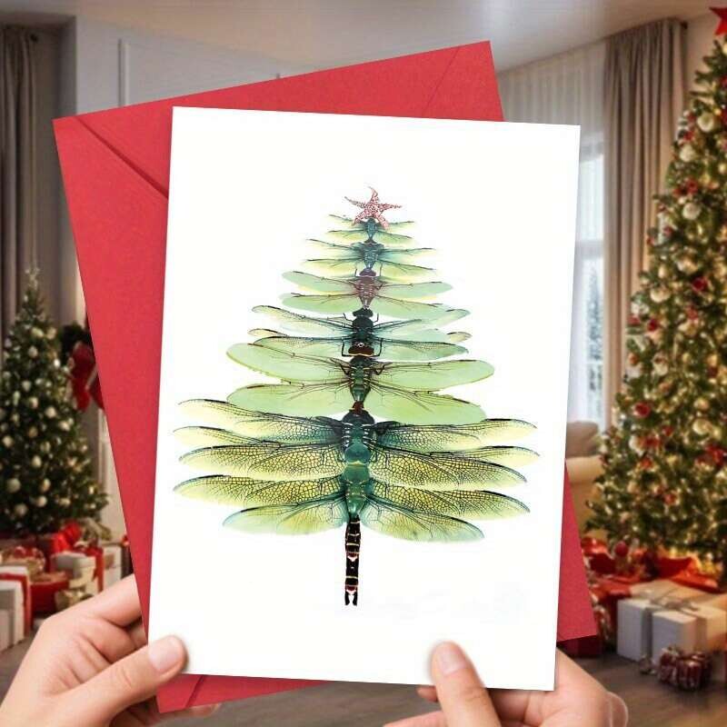 TEMU Dragonfly Christmas Tree Greeting Card And Envelope - Holiday And New Year Card, Suitable For , For And Thank-you Notes, Single Pack