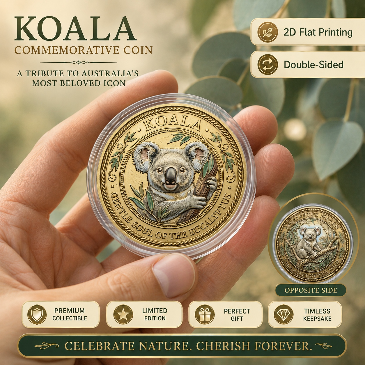 TEMU Replica Coin 1pc, 2d Flat Printing, Koala Commemorative Coin, Double-sided Heart Of The Eucalyptus Keepsake Coin, Soft Brass-tone Koala Tree
