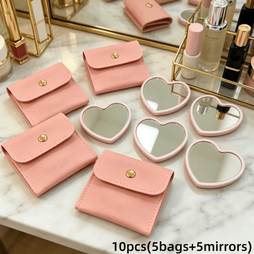 item picture 10pcs heart shaped portable mirrors with cosmetic bags makeup mirrors with exquisite matching cosmetic bags suitable for decoration and holiday gifts