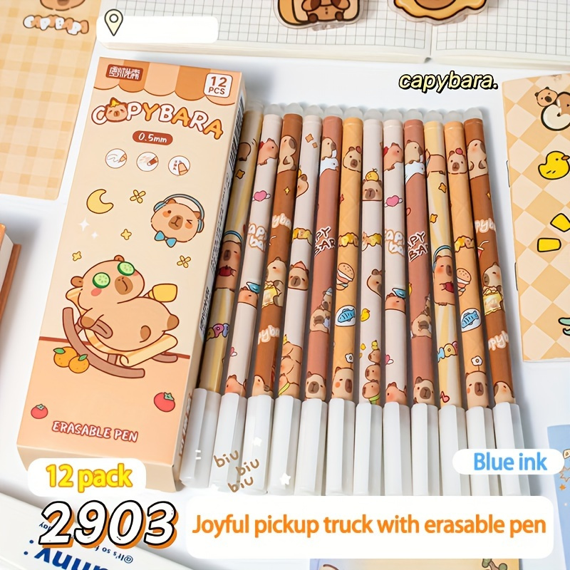 12pcs Capybara Animal Set- Capybara Design Gel Pens, 0.5mm, Erasable, Blue Ink, Smooth Writing, Supplies, Stationery, Holiday Gift
