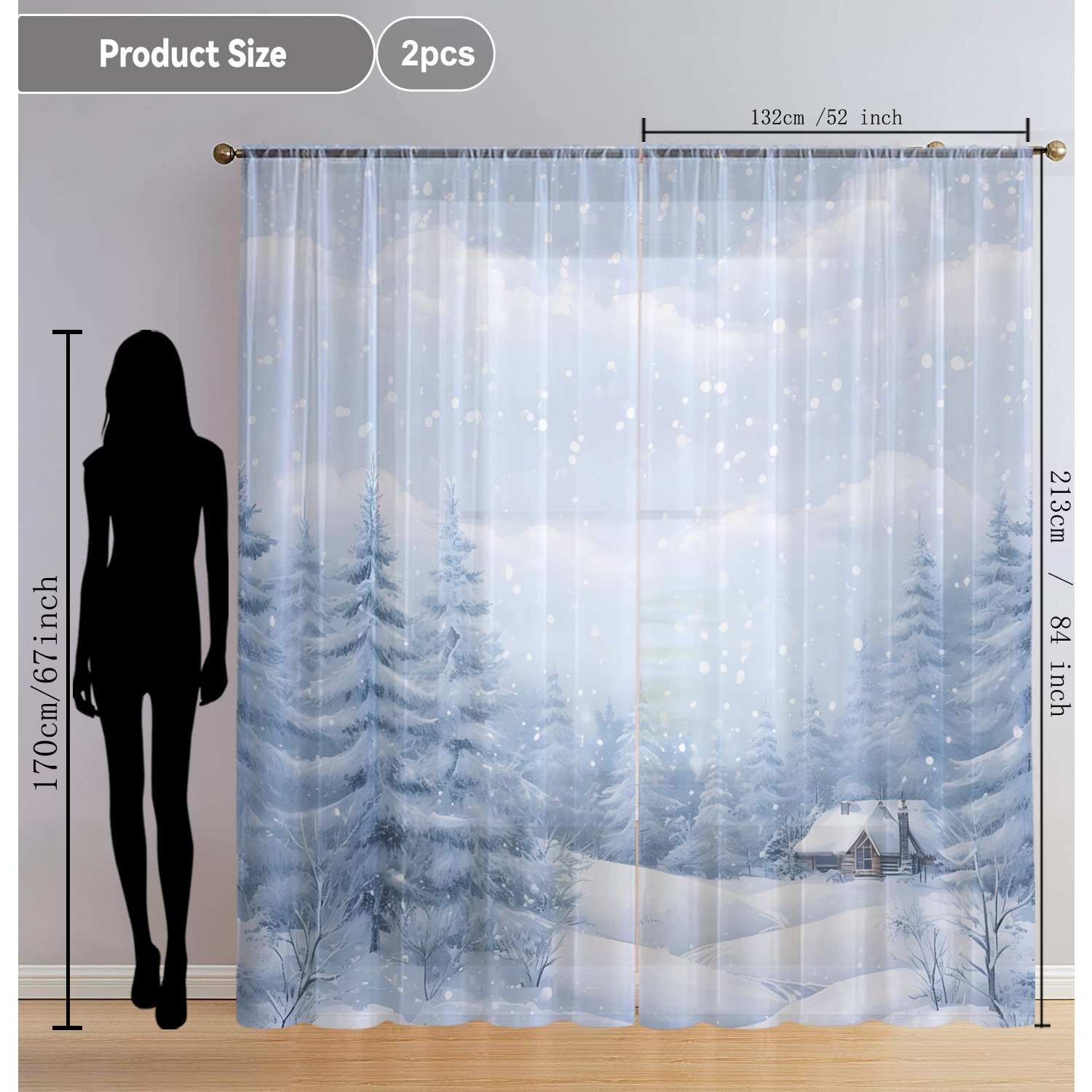 TEMU 2pcs Set Christmas Tree & Snow Scene Sheer Curtains - Rod For Easy Hanging, Living Room, Kitchen, Cafe, Dining, Balcony, Garden, Bedroom Decor