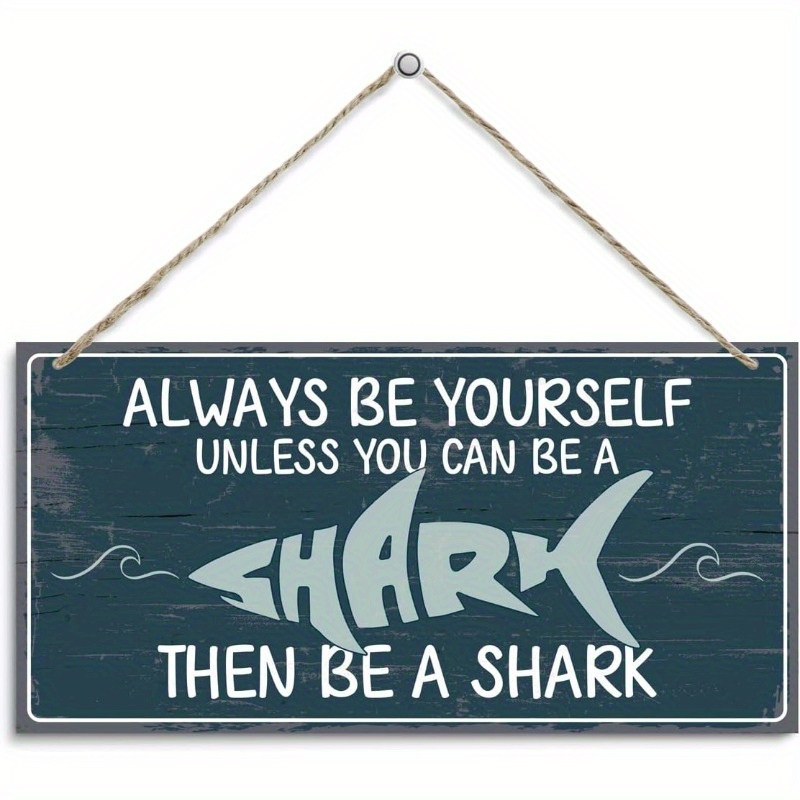 TEMU 2d Flat, Funny Shark Wall Art Sign " A Shark" - Rustic Artificial Wood Plaque With White Lettering & Shark Graphic, Dark Teal Blue Distressed