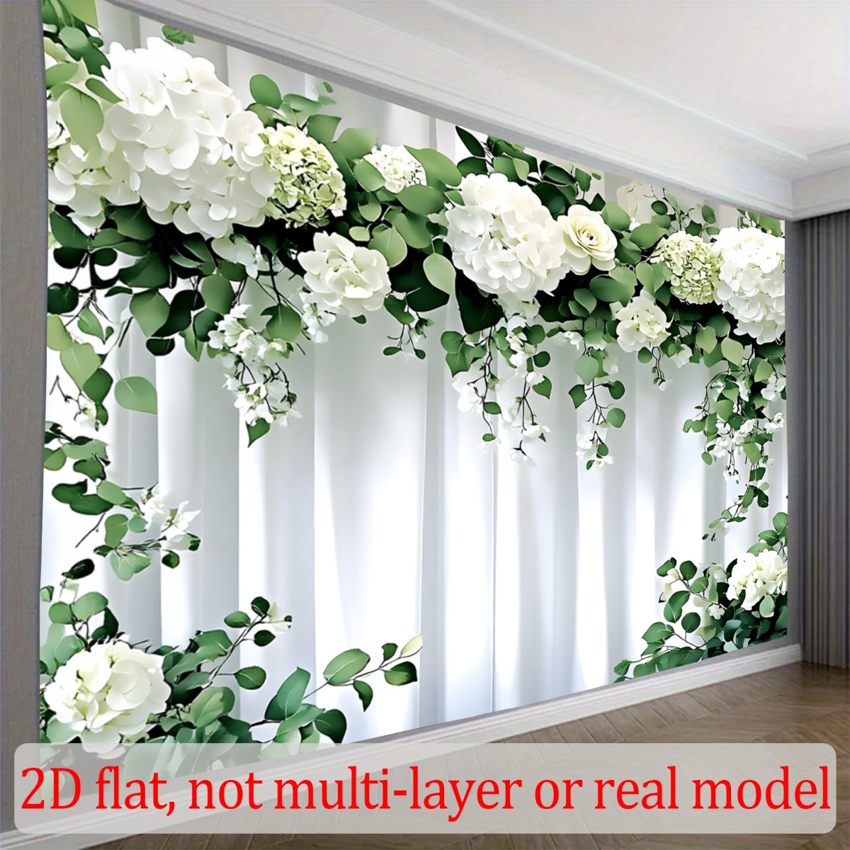 TEMU 2d Flat, 2d Flat Banner, 1pc Backdrop With White Green Color Tone, Cartoon Style Floral Printed Pattern, Beautiful Backdrop For Wedding