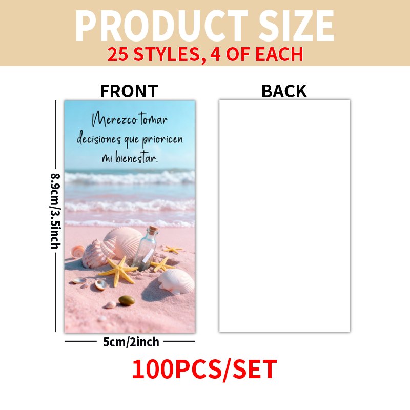 TEMU 100 tarjetas con citas de inspiración y autoafirmación románticas de playa en español, con 25 estilos , 4 tarjetas por estilo, ideales para ,