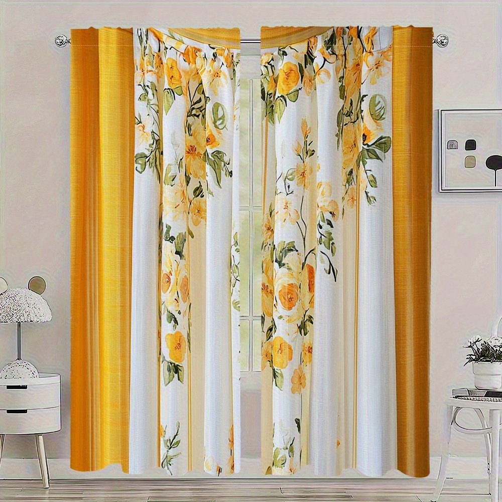 TEMU 2d Flat- 2d Flat- 2pcs 2d Flat Print Curtain Set, Yellow Floral Pattern Polyester Curtains- Elegant Blackout Curtains Featuring And White Floral