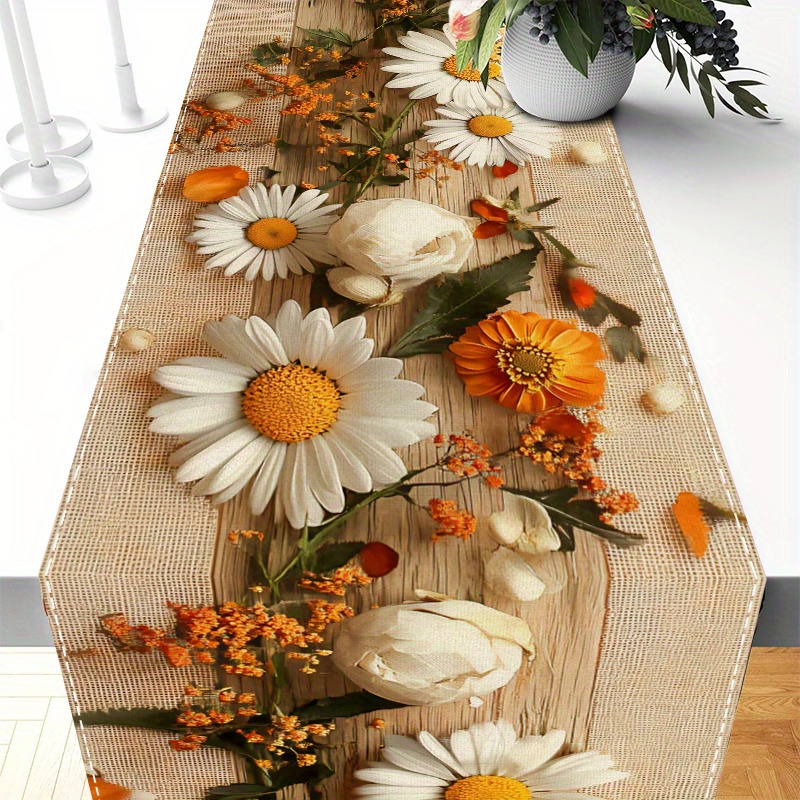 1pc, Spring Floral Table Runner, Orange Flowers And Wood Grain Pattern Table Runner, Festive Style Table Runner, Table Protection, Suitable For Indoor Decoration, Gift, Home Decor, Scene Decor