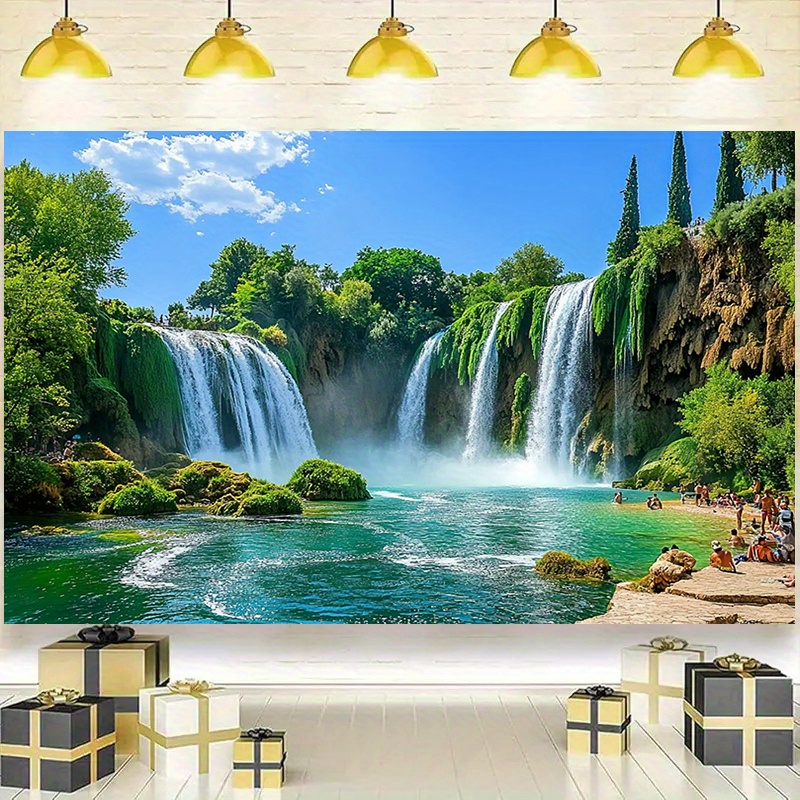 1pc Ultra Grande Cascade et Montagne Soleil Polyester Bannière - Scène Naturelle Vibrante pour la Maison, le Bureau ou la Décoration de Studio, Idéale pour les Fêtes de Vacances, 229,87x179,83 cm, Décoration de Fête de Vacances | Art Paysager Serein | Matériau de Décoration Durable, Décoration de Cascade