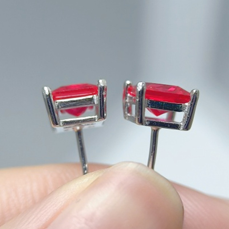 Unique 925 Silver Square Synthetic Red Gemstone Earrings